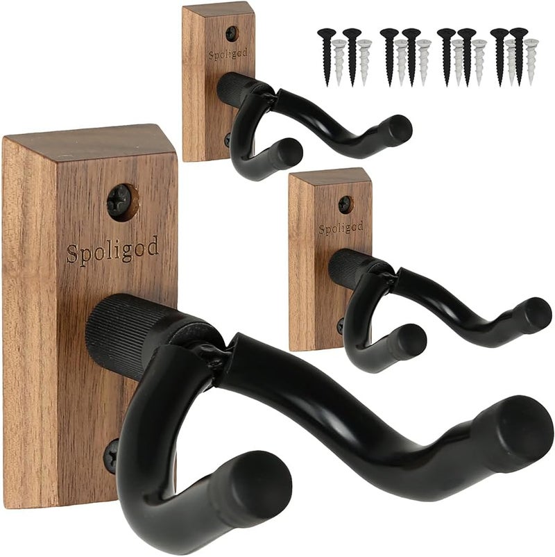 Spoligod Guitar Wall Mount Hanger 3 Pack, Guitar Hanger,Black Walnut Guitar Hook Holder Stand for Acoustic Electric Bass Guitar Ukulele Mandolin at Home, Studio - Image 1